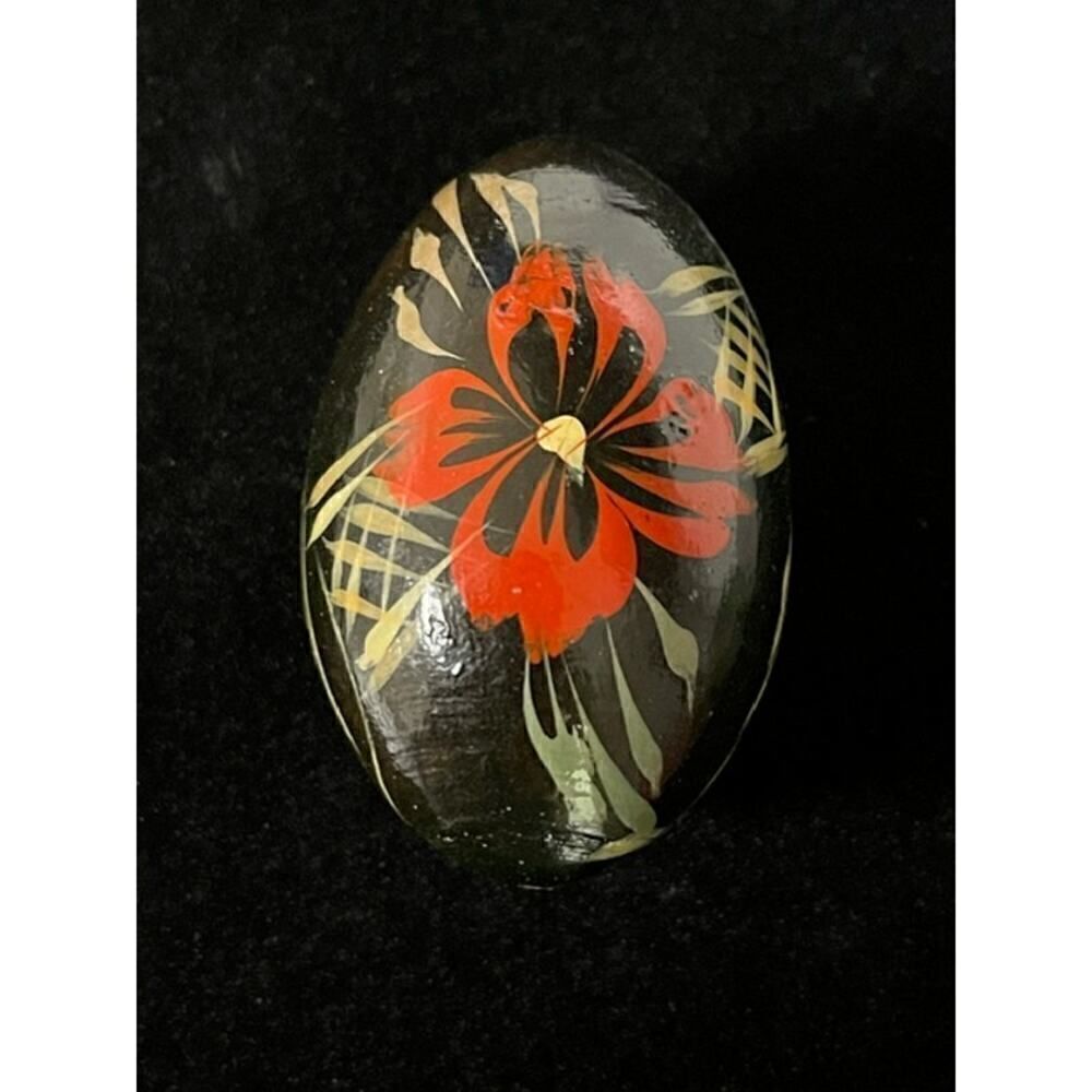 Vintage Russian Egg Floral Black Red Flower hand painted wooden